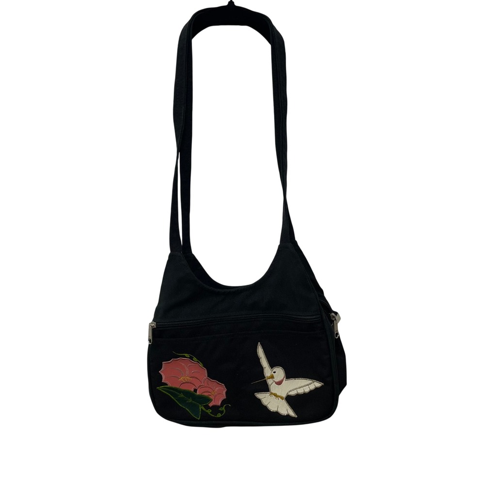 Handbag Black Canvas Crossbody Bag Purse Embroidered Hummingbird Floral Y2K